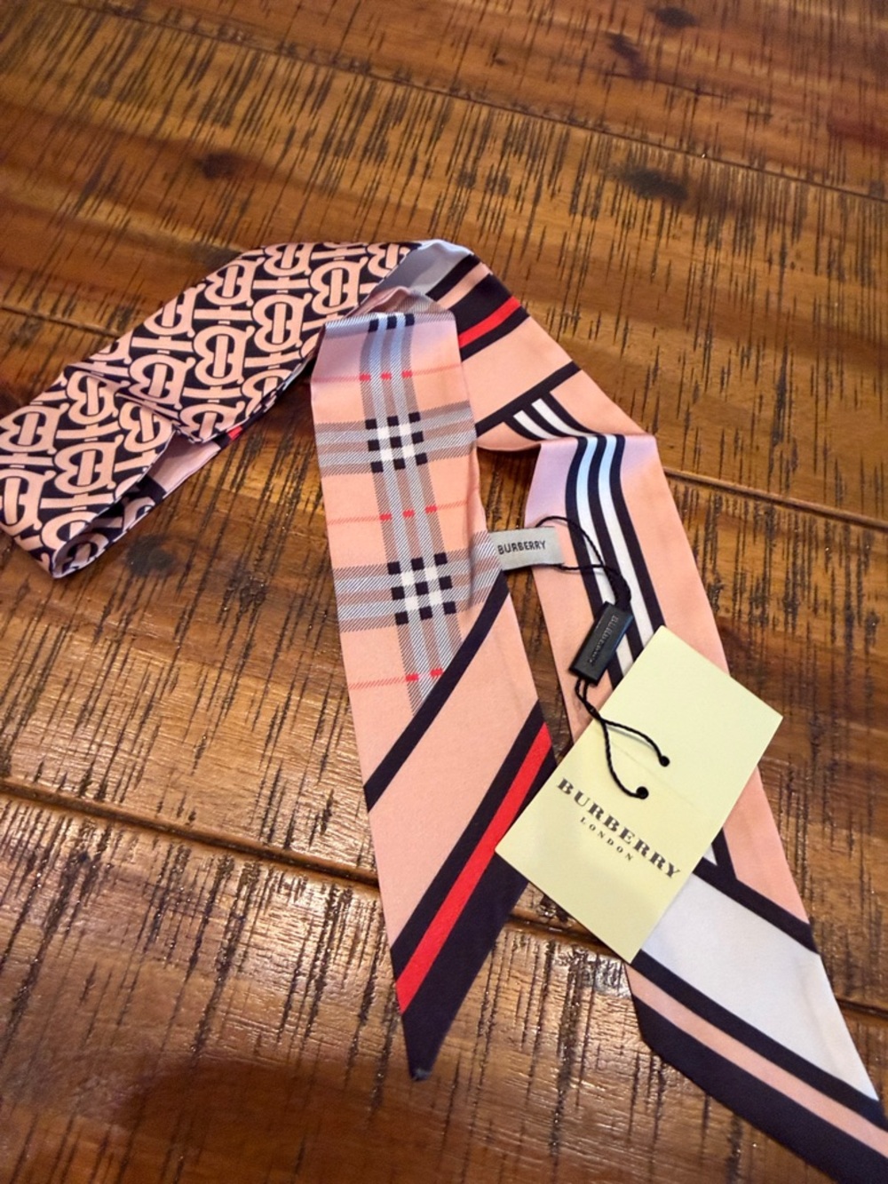 Burberry Peach Plaid & Stripe Silk Twilly Scarf - Picture 10 of 11